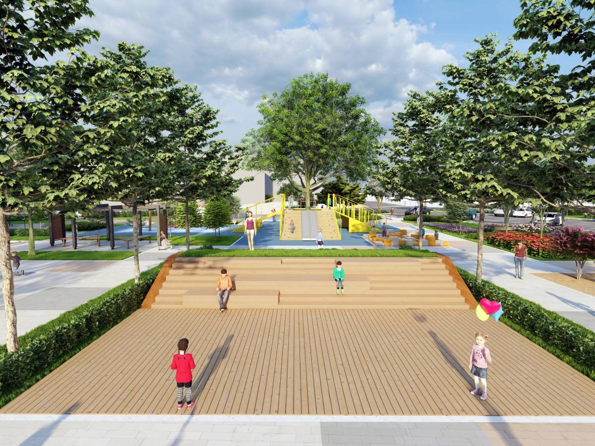 외부공간에 가운데 나무목재로 바닥에 깔려있고 계단이 있으며, 아이들이 놀 수 있는 기구들이 가운데 배치되어 있으며 가상의 사람들의 모습을 곳곳에 배치한 전경모습