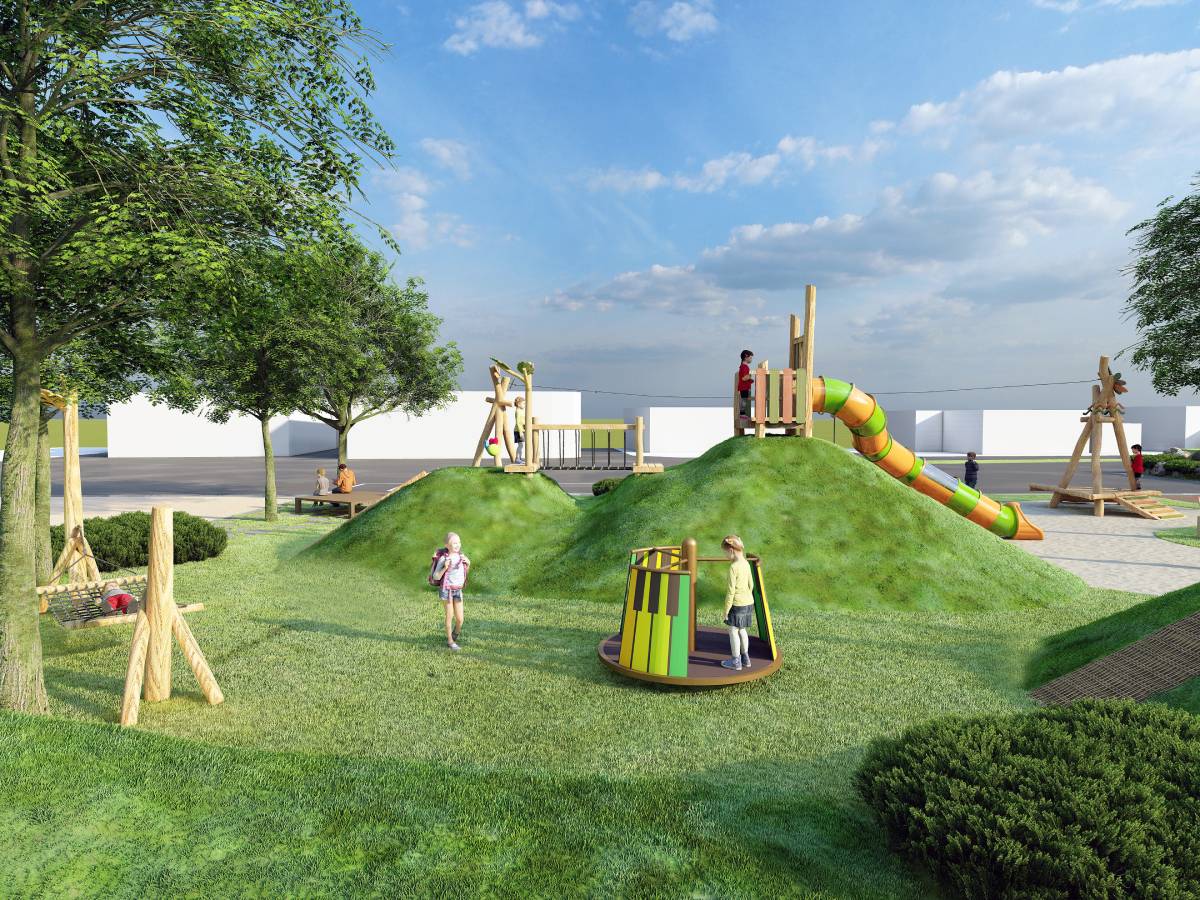 친환경 상상놀이터 조경, 잔디가 깔려있으며 친환경으로 제작된 놀이기구들이 배치되어있는 모습을 측면에서 바라본 모습