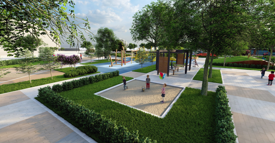 잔디가운데 모래사장위에 어린아이 세명이 장난감을 가지고 놀고 있다, 그 외 공간을 자유롭게 뛰어 놀고 있는 아이들의 모습