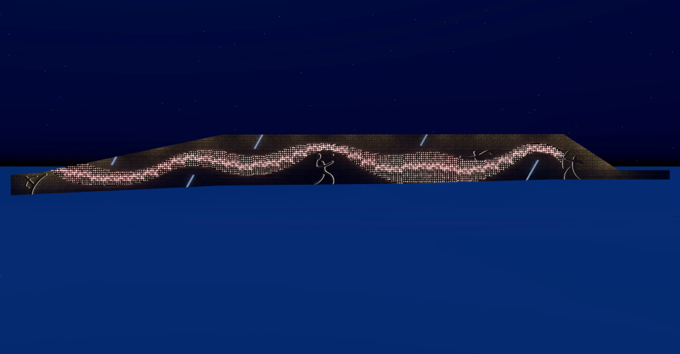 옹벽을 밤에 바라보았을때 조명이 켜진 모습