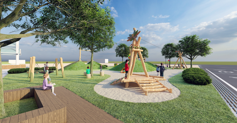 친환경 상상놀이터 조경, 잔디가 깔려있으며 친환경으로 제작된 놀이기구들이 배치되어있는 모습을 가깝게 바라본 모습